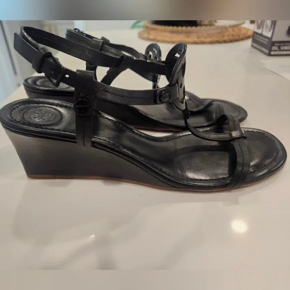Tory Burch Miller Black Leather Wedge Sandals - Picture 7 of 14